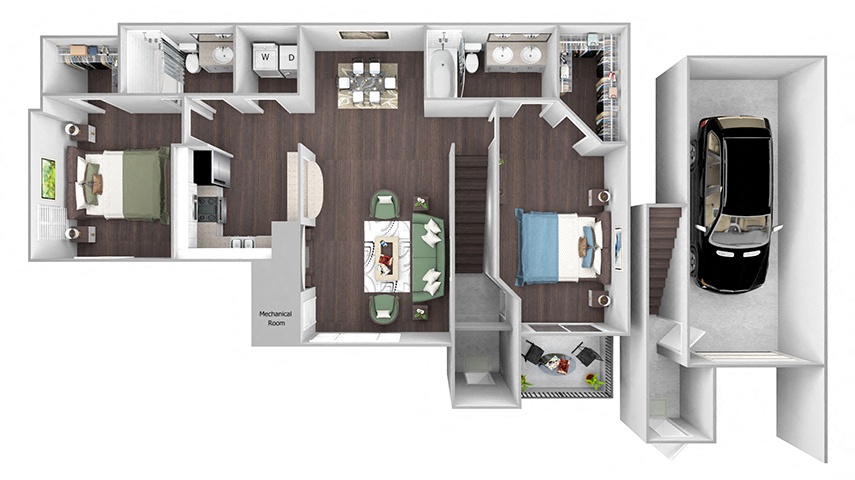 Floor plan for 2 beds, 2 baths, 1217 sqft
